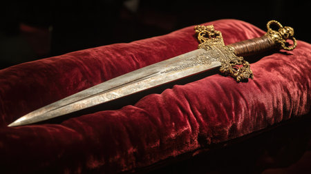 This exquisite antique sword features intricate gold detailing and a finely crafted handle, elegantly displayed on rich red velvet, embodying historical artistry.の素材
