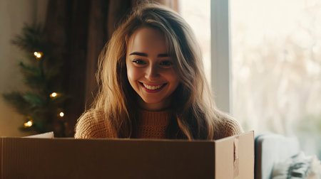A young woman displays pure joy as she opens a cardboard box in a cozy indoor setting, illuminated by soft natural light, capturing a heartfelt moment.の素材