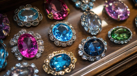 This vibrant collection of brooches features a stunning variety of colorful gemstones set in intricate designs, showcasing luxury and elegance.の素材