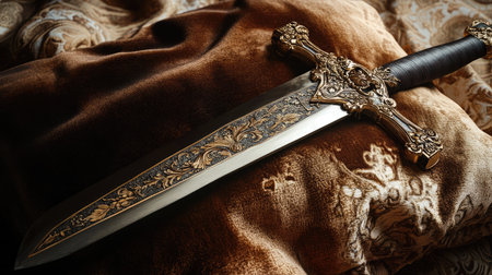 An ornate sword elegantly displayed on rich brown fabric, showcasing intricate metalwork on the handle and blade, exuding a sense of history and craftsmanship.の素材