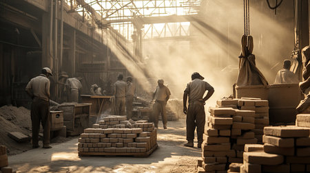 A group of workers is busy in a brick factory, surrounded by stacks of bricks and fine dust. Sunlight filters through windows, creating a dynamic atmosphere.の素材
