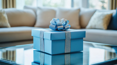 A beautifully wrapped blue gift box with a ribbon sits on a glass table in a cozy living room. The atmosphere is inviting and cheerful, perfect for celebrations.の素材