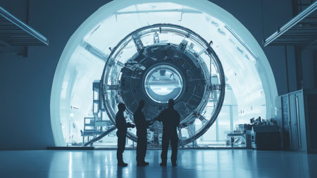 A captivating scene featuring scientists in silhouette engaging in a discussion around an advanced circular machine in a modern laboratory setting.の素材