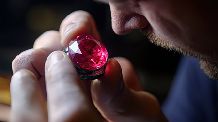 A gemologist inspects a stunning red ruby with keen focus, highlighting the gem's brilliance and intricate facets under controlled studio lighting, showcasing craftsmanship.の素材