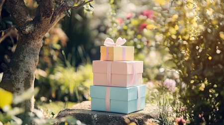 Three colorful gift boxes arranged in a serene garden setting, illuminated by soft sunlight. Perfect for themes of celebration, joy, and nature.の素材