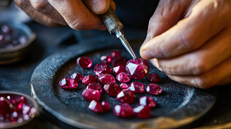 An artisan carefully cuts and polishes vibrant ruby gemstones, showcasing the meticulous craftsmanship involved in jewelry design and creation.の素材