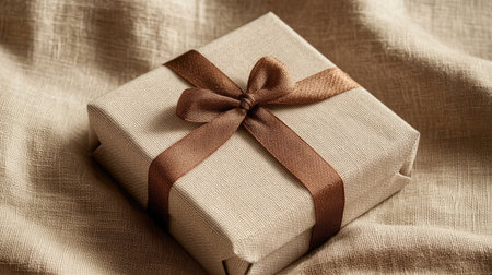 A beautifully wrapped gift box with a brown ribbon sits on a soft linen background, evoking warmth and elegance for any celebration or occasion.の素材