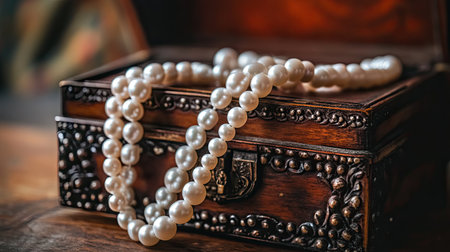 A stunning arrangement of elegant pearl necklaces resting on an intricately carved antique wooden box. The soft pearls reflect light beautifully, showcasing exquisite craftsmanship.の素材