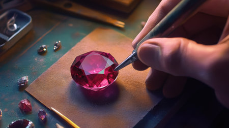 An artisan delicately crafts a stunning pink gemstone, showcasing precision and creativity in a well-equipped workshop filled with sparkling stones and tools.の素材