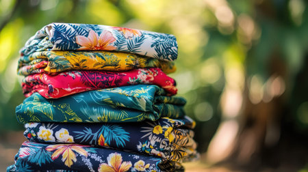A vibrant stack of beautifully folded tropical floral fabric showcasing colorful patterns, perfect for textile designs, fashion projects, or home decor inspiration.の素材