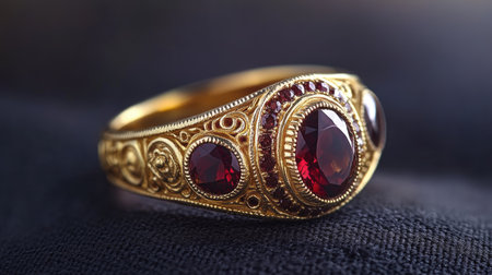 This exquisite vintage gold ring showcases intricate craftsmanship and beautiful red gemstones, making it a timeless piece for any jewelry collection.の素材