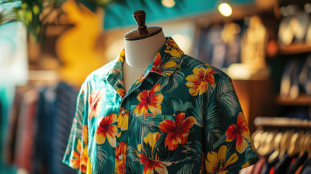 A vibrant tropical floral shirt is showcased on a mannequin in a trendy retail store, perfect for summer or vacation fashion enthusiasts. The colorful design captures the essence of fun and relaxation, making it an ideal choice for warm weather adventures.の素材