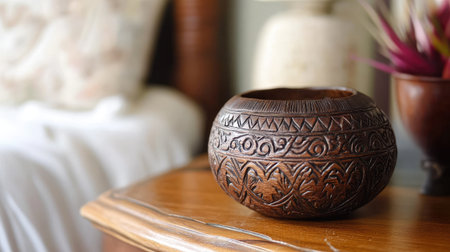 A beautifully handcrafted wooden bowl featuring intricate carvings placed on a rustic table, adding elegance and charm to any home decor setting.の素材