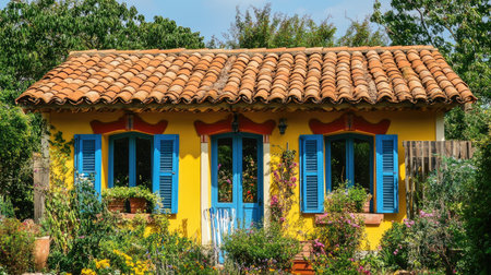 A picturesque house featuring a vibrant yellow facade, terracotta roof, and bright blue shutters, surrounded by a lush garden full of colorful flowers.の素材