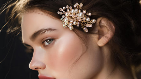 Captivating portrait of a young woman showcasing a delicate hair accessory adorned with pearls and beads, radiating elegance and charm in soft lighting.の素材