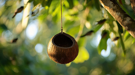 A charming coconut bird feeder suspended amidst vibrant foliage, capturing the essence of nature and wildlife in a tranquil outdoor setting.の素材
