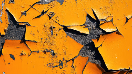 This image showcases a close-up view of cracked and peeling orange paint on a textured surface, highlighting the intricate details of wear and decay.の素材