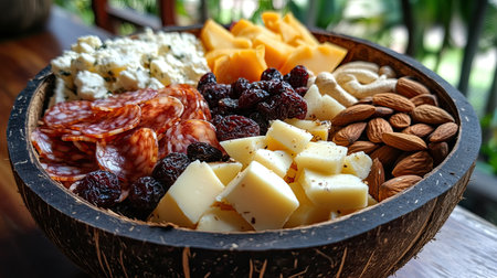 A vibrant charcuterie board featuring an assortment of meats, cheeses, nuts, and dried fruits elegantly arranged in a coconut bowl, perfect for gatherings.の素材