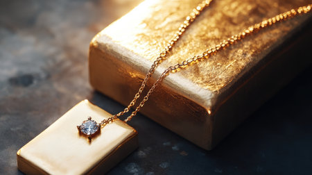 This stunning image showcases a gold necklace with a sparkling gemstone pendant elegantly resting on a shiny gold bar, embodying luxury and sophistication.の素材