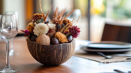 A stylish centerpiece featuring a mix of dried flowers and natural decorations in a wooden bowl, perfect for enhancing the dining experience in a cozy setting.の素材