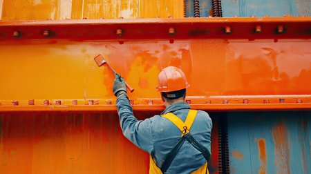 A dedicated worker in safety gear meticulously applies bright orange paint to a large steel structure, showcasing commitment to industrial maintenance and safety.の素材