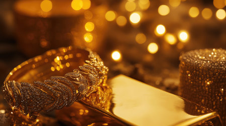 A stunning display of elegant golden jewelry featuring a sparkling diamond bracelet alongside a shiny gold bar, perfect for luxury celebrations.の素材