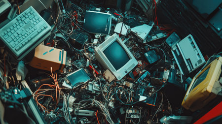 A detailed view of disorganized electronic waste featuring old computers, tangled cables, and various components, highlighting the impact of obsolete technology.の素材