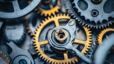 Explore the remarkable intricacy of vintage clock gears and cogs in this detailed close-up. The rich textures and metallic finishes celebrate craftsmanship and engineering.の素材
