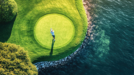 This stunning aerial shot captures a golfer mid-swing on a pristine green, bordered by a serene water body and lush greenery, revealing a perfect day outdoors.の素材