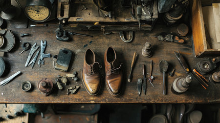 An overhead view of a vintage shoe repair workshop showcasing brown leather shoes surrounded by various repair tools and materials on a wooden table.の素材