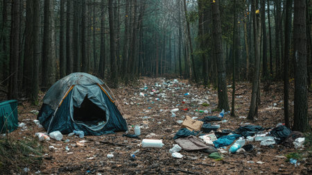 A striking image captures an abandoned campsite in a forest, surrounded by scattered litter and plastic waste, highlighting environmental neglect and pollution.の素材