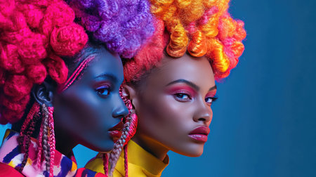This stunning portrait features two women showcasing vibrant, colorful hairstyles and bold makeup, exuding confidence and creative expression. The bright blue backdrop enhances their unique beauty, making this image perfect for fashion and beauty projects.の素材