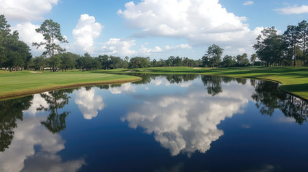 A stunning view of a golf course showcasing a tranquil landscape, with clear reflections of trees and clouds on calm water under a blue sky.の素材
