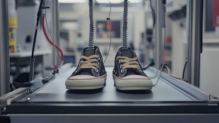 This image showcases innovative shoe testing technology on a conveyor belt in a modern laboratory environment. Advanced equipment performs quality tests and assessments on footwear.の素材