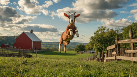 A lively goat leaps joyfully in a picturesque farm setting, showcasing its playful spirit against a backdrop of vibrant greenery and fluffy clouds.の素材