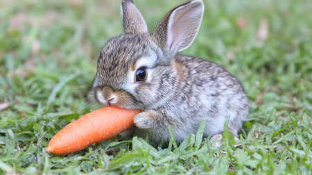 A delightful young rabbit enjoys a fresh orange carrot, surrounded by lush green grass in a bright and sunny garden environment.の素材