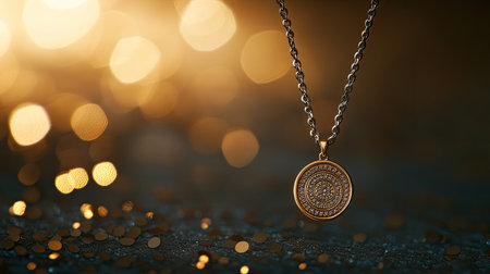 This photograph captures an elegant gold pendant necklace with intricate design, set against a sparkling bokeh background, ideal for fashion and jewelry themes.の素材
