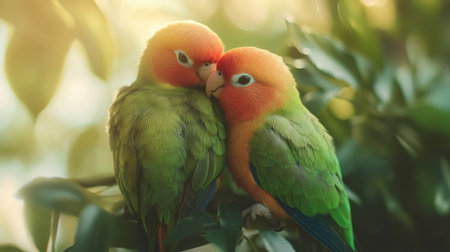 Two vibrant lovebirds nestled together among green leaves create a beautiful scene of affection and tranquility, perfect for nature lovers and bird enthusiasts.の素材