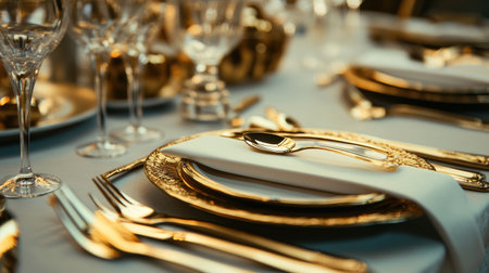 This elegant table setting features golden cutlery and fine dining essentials, creating a warm atmosphere for special occasions and gourmet experiences.の素材
