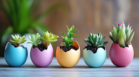 Five vibrant succulents in pastel-colored eggshell containers sit on a wooden surface, creating a cheerful and playful gardening display perfect for spring.の素材