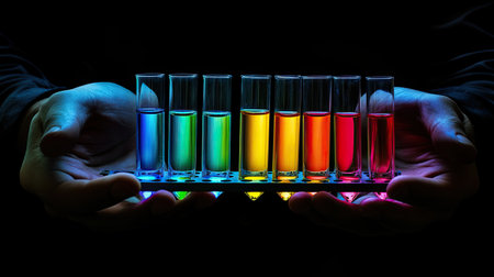 A captivating image showcasing hands holding a series of test tubes filled with vibrant liquids, creating a striking color spectrum against a dark backdrop.の素材