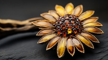This exquisite sunflower brooch features vibrant amber gemstones and intricate metalwork, making it an ideal accessory for fashion lovers seeking elegance and charm.の素材