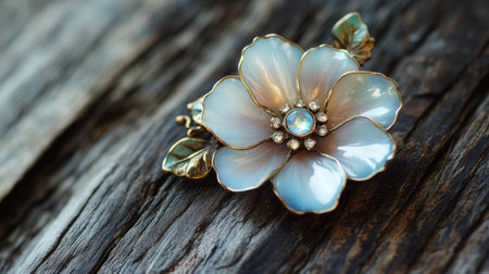 A stunning vintage flower brooch featuring an opal centerpiece, perfectly displayed on a rustic wooden surface, showcasing intricate design and elegance.の素材
