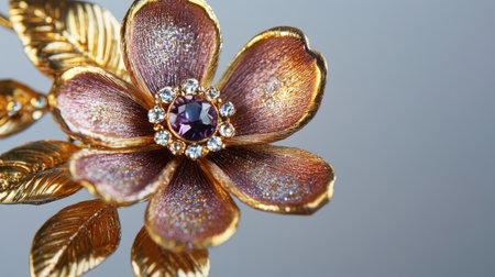 This stunning golden flower brooch features intricate detailing with sparkling gemstones, capturing luxury and elegance in a timeless design for any occasion.の素材