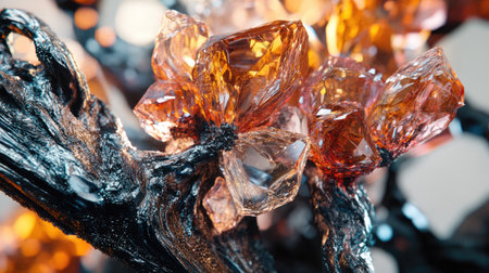 This stunning close-up captures an orange crystal cluster atop a dark branch, showcasing intricate details and glossy surfaces that enhance its beauty.の素材