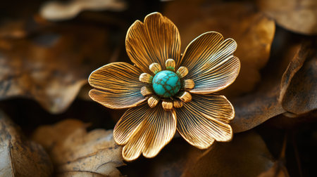 A stunning bronze flower brooch featuring a beautiful turquoise center, elegantly placed against a backdrop of natural leaves, showcasing artistry and detail.の素材