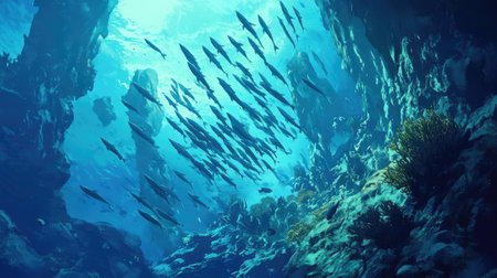 Dive into a stunning underwater realm where sunbeams pierce through the water's surface, revealing a dynamic school of fish among vibrant coral reefs and rocky formations.の素材