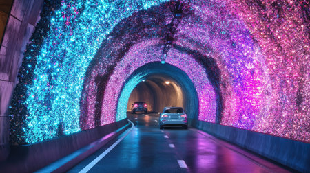 A stunning view of a modern light tunnel featuring vibrant colors illuminating the road as cars drive through. The dynamic atmosphere creates a magical experience.の素材