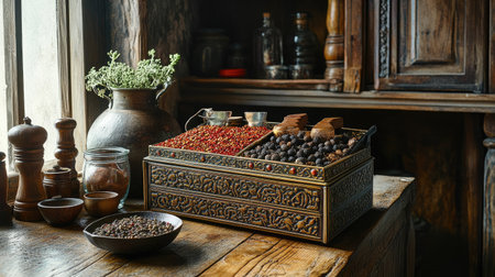 A beautifully crafted rustic spice box holds an array of colorful spices and herbs, enhancing the warm ambiance of a cozy kitchen setting.の素材