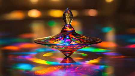 A mesmerizing spinning top made of glass showcases colorful reflections and intricate patterns on a smooth surface, creating a vibrant and artistic display.の素材